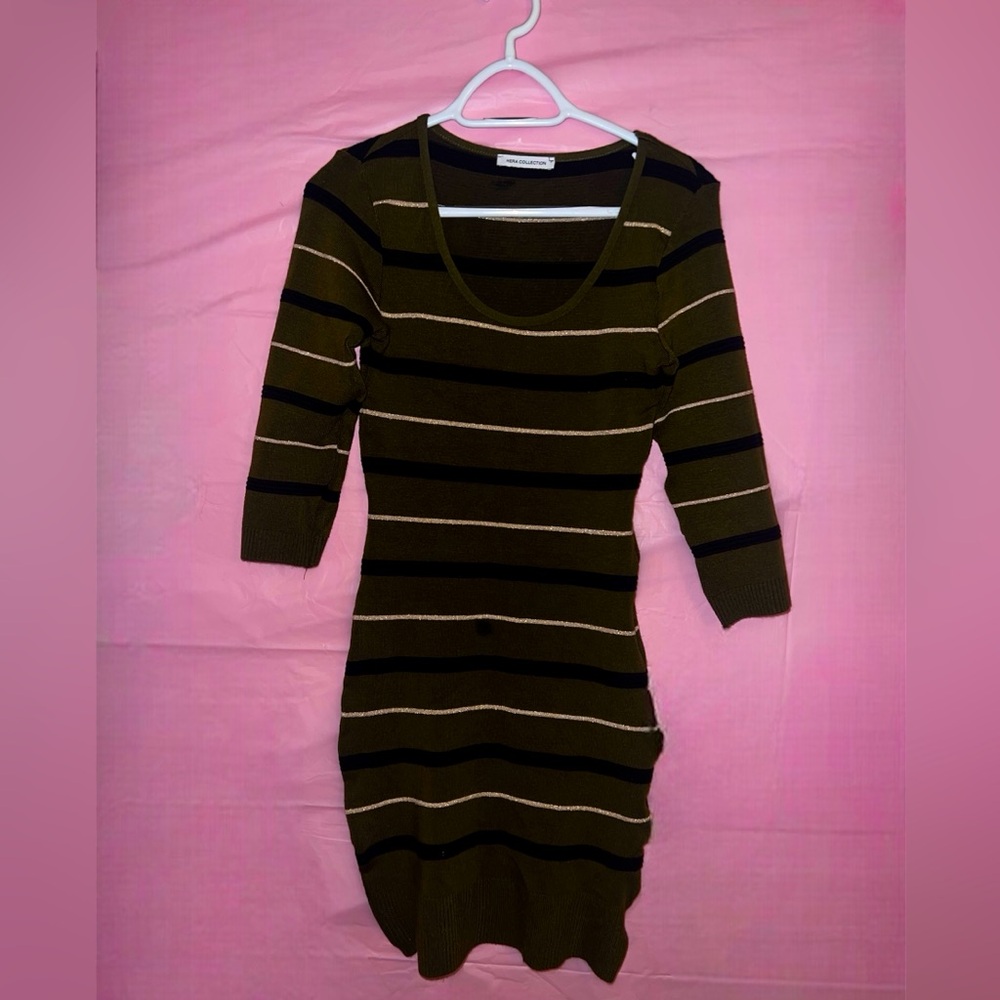 Hera collection winter dress olive with green and gold stripes